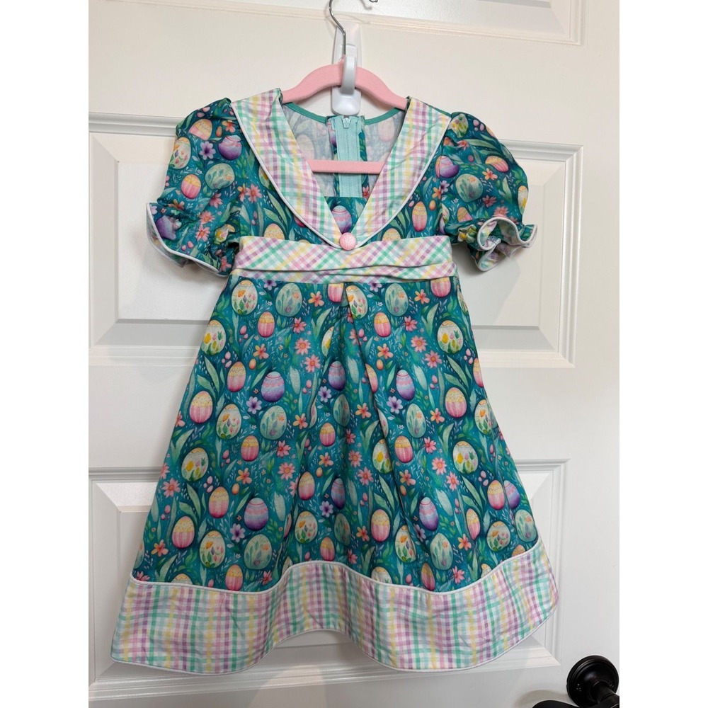 Handmade Girls Easter Egg Gingham Sailor Collar Dress Teal Pastel Floral 3/4